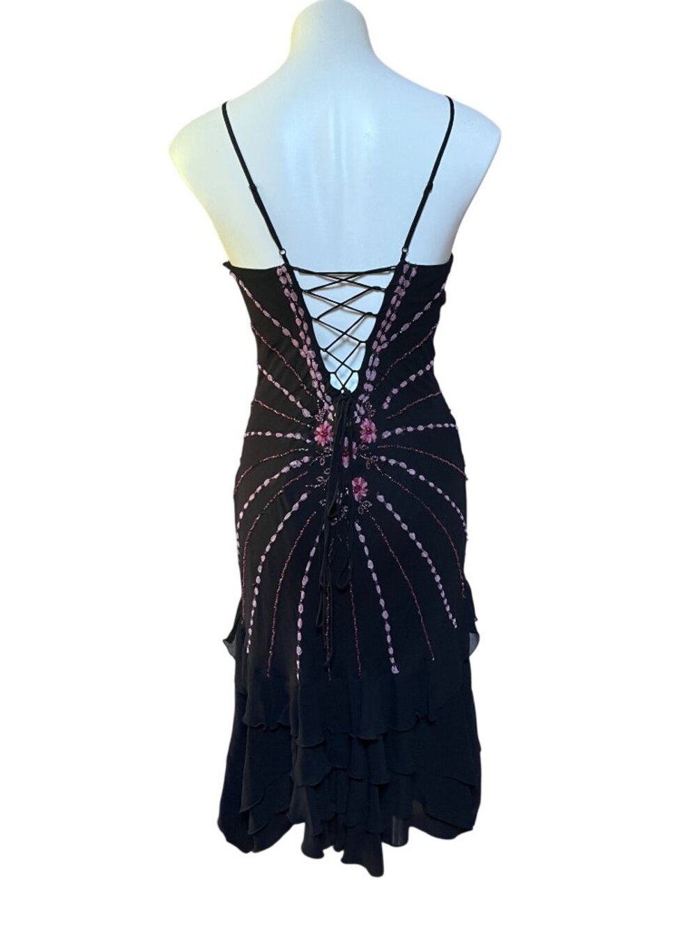 Sue Wong Silk Y2K Fairy Dress Pink Floral Beading Handkerchief Hem Lace-Up Back - Picture 4 of 11